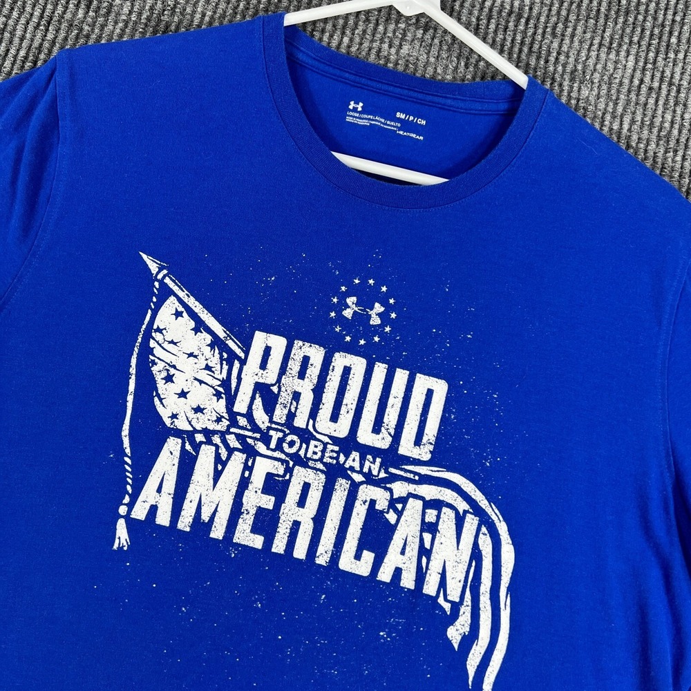 Under Armour Shirt Mens‎ Small Blue Short Sleeve Proud American Heat Gear Loose